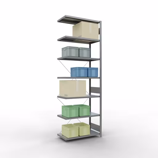 Aanbouwrekken, rekken, insteeksysteem MULTIplus250, 3000 x 1000 x 500 mm (HxBxD), 7 legborden, kruisschoor, verzinkt uit de categorie aanbouwrekken met de GTIN 4004514203052 Aanbouwrekken, rekken, insteeksysteem MULTIplus250, 3000 x 1000 x 500 mm, 7 legborden, kruisschoor, verzinkt van Schulte Lagertechnik uit het assortiment insteeksysteem