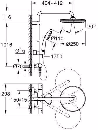 Technische Zeichnung 4037043 GROHE Tempesta 250 douchesysteem 26670_1 Douchemengkraan met thermostatische hoofddouche Tempesta 250 chroom
