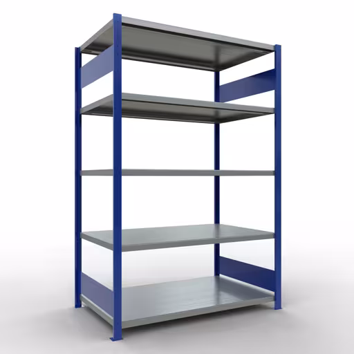 Basisplank, legplank, insteeksysteem MULTIplus250, 2000 x 1300 x 800 mm (HxBxD), 5 legborden, lengtestang, RAL 5010 gentiaanblauw/verzinkt, basisplank, art.nr. 12980-130-LR-B