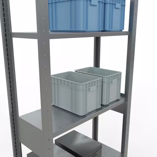 Basisstelling, legbordstelling, insteeksysteem MULTIplus150, 2500 x 750 x 300 mm (HxBxD), 6 legborden, lengtestangen, verzinkt met GTIN 4004514279538 Basisplank, legplank, insteeksysteem MULTIplus150, 2500 x 750 x 300 mm, 6 legborden, verzinkt van Schulte Lagertechnik met het artikelnr. 12731-75-LR