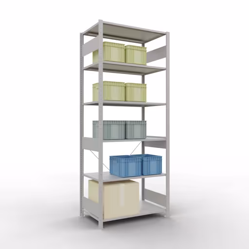 Productafbeelding nr. 16 van het artikel basisplank, legbord, insteeksysteem MULTIplus85, 2500 x 1000 x 600 mm (HxBxD), 6 legborden, kruisschoor, RAL 7035 lichtgrijs Figuur nr. 16 van het artikel basisrek, legplank-insteeksysteem MULTIplus85, 2500 x 1000 x 600 mm, 6 legborden, RAL 7035 lichtgrijs uit de productgroep insteeksysteem van het merk Schulte Lagertechnik.