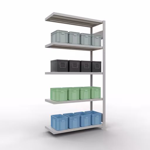 Productafbeelding nr. 15 van het artikel Aanbouwrekken, legbordstellingen, insteeksysteem MULTIplus250, 2000 x 1000 x 400 mm (HxBxD), 5 legborden, lengtestangen, RAL 7035 lichtgrijs Figuur nr. 15 van het artikel aanbouwrekken, legbordstellingen, insteeksysteem MULTIplus250, 2000 x 1000 x 400 mm, 5 legborden, lengtestangen, RAL 7035 lichtgrijs uit de insteeksysteem productgroep van Schulte Lagertechnik.