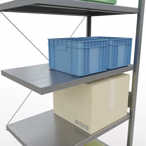 Figuur nr. 13 van het artikel aanbouwrekken, legbordstellingen, insteeksysteem MULTIplus330, 3000 x 1000 x 600 mm, 7 legborden, kruisschoor, verzinkt uit de productgroep insteeksysteem van Schulte Lagertechnik.
