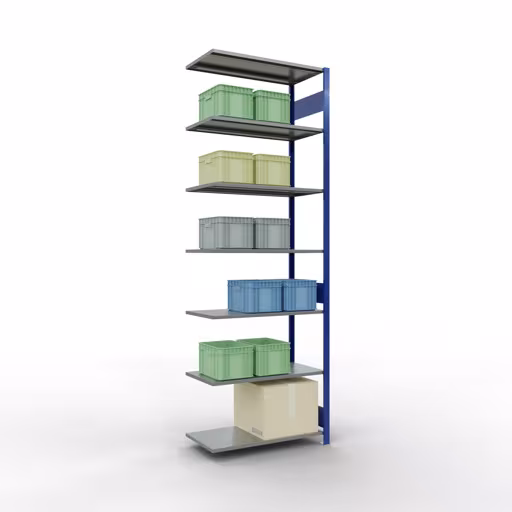 Aanbouwrekken, rekken, insteeksysteem MULTIplus85, 3000 x 1000 x 500 mm (HxBxD), 7 legborden, lengtestangen, RAL 5010 gentiaanblauw uit de categorie aanbouwrekken met de GTIN 4004514285041 Aanbouwrek, stelling, insteeksysteem MULTIplus85, 3000 x 1000 x 500 mm, 7 legborden, RAL 5010 gentiaanblauw van het merk Schulte Lagertechnik uit het assortiment insteeksysteem