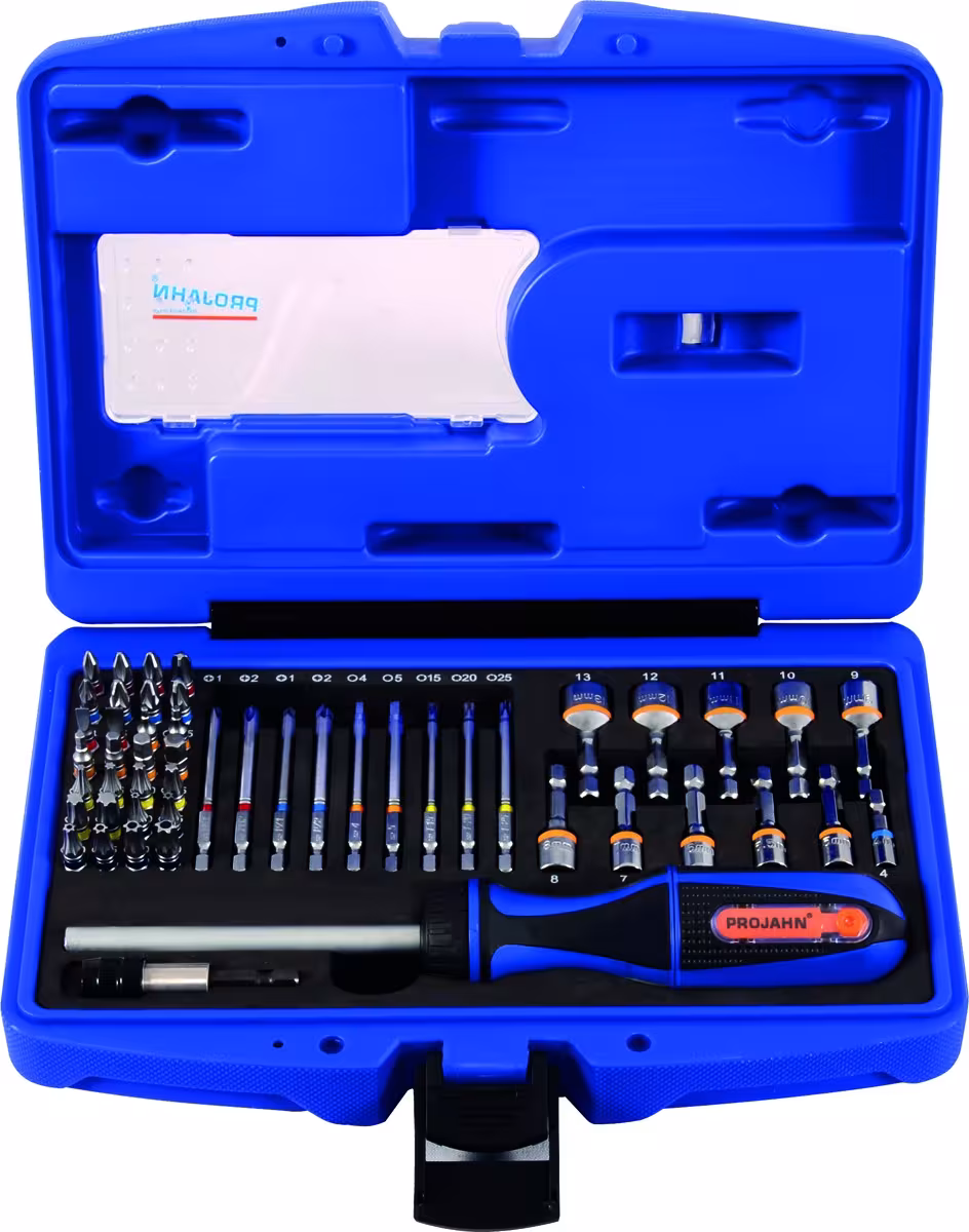 1/4" bitbox met gemarkeerde bits, 60-delig inclusief ratelschroevendraaier met bitvak, dopsleutelsets en losse onderdelen, artikelnr. 4097