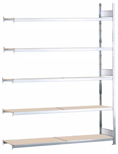 Aanbouwstellingen, breedvakstellingen WS 2000 met spaanplaat, 3000 x 1500 x 400 mm (HxBxD), verzinkt, 5 niveaus, vakbelasting 400 kg, vakbelasting 2.000 kg van Schulte Lagertechnik Aanbouwstelling, breedvakstelling WS 2000 met spaanplaat, 3000 x 1500 x 400 mm (HxBxD), verzinkt, 5 niveaus, vakbelasting 400 kg, vakbelasting 2.000 kg, WS2000, art.nr. 15751