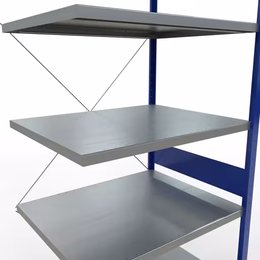 Aanbouwrekken, rekken, insteeksysteem MULTIplus250, 3000 x 1000 x 800 mm, 7 legborden, kruisschoor, RAL 5010 gentiaanblauw/verzinkt met GTIN 4004514284488 Aanbouwrekken, legbordstellingen, insteeksysteem MULTIplus250, 3000 x 1000 x 800 mm, 7 legborden, kruisschoor, RAL 5010 gentiaanblauw/verzinkt van Schulte Lagertechnik met artikelnr. 12987-B