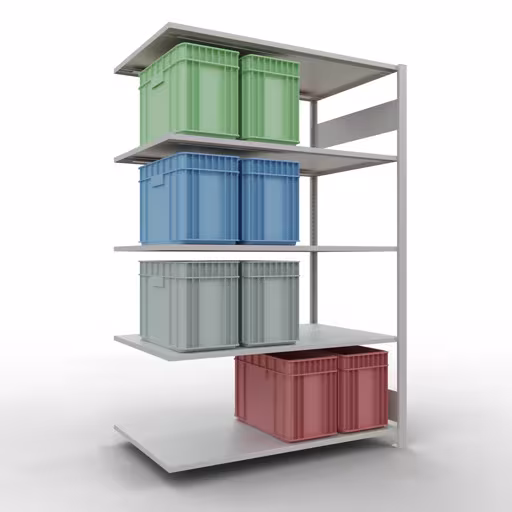Aanbouwrekken, legbordstellingen, insteeksysteem MULTIplus150, 2000 x 1300 x 800 mm, 5 legborden, lengtestangen, RAL 7035 lichtgrijs van Schulte Lagertechnik met artikelnr. 32685-130-LR