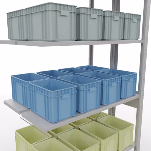 Afbeelding nr. 12 van het artikel aanbouwstelling, dubbele stelling, stellingstelling insteeksysteem MULTIplus150, 2500 x 1000 x (2x300) mm, 2x6 legborden, kruisschoor, RAL 7035 lichtgrijs uit de productgroep stellingstelling van Schulte Lagertechnik