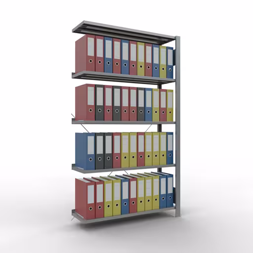 Figuur nr. 12 van het artikel aanbouwrekken, kantoorrekken, insteeksysteem MULTIplus85, 1800 x 1000 x 300 mm, 5 legborden, kruisschoor, verzinkt, met aanslaglijst uit de productgroep kantoorrekken van Schulte Lagertechnik.