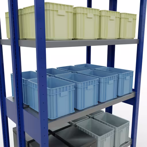 Basisplank, dubbele plank, rekkensysteem MULTIplus250, 2500 x 1000 x (2x300) mm, 2x6 planken, kruisschoor, RAL 5010 gentiaanblauw uit de categorie dubbele rekken met de GTIN 4004514292025 Basisplank, dubbele plank, stellingsysteem MULTIplus250, 2500 x 1000 x (2x300) mm, 2x6 planken, kruisschoor, RAL 5010 gentiaanblauw van Schulte Lagertechnik uit het rekkenprogramma