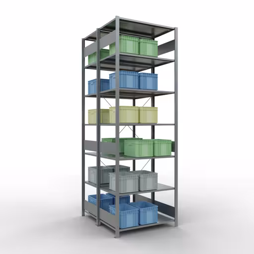 Productafbeelding nr. 10 van het artikel basisplank, dubbele plank, rekkensysteem MULTIplus150, 3000 x 1000 x (2x1200) mm (HxBxD), 2x7 planken, kruisschoor, verzinkt Afbeelding nr. 10 van het artikel basisrek, dubbel legbord, legbordinsteeksysteem MULTIplus150, 3000 x 1000 x (2x1200) mm, 2x7 legborden, kruisschoor, verzinkt uit de productgroep legbordstellingen van Schulte Lagertechnik