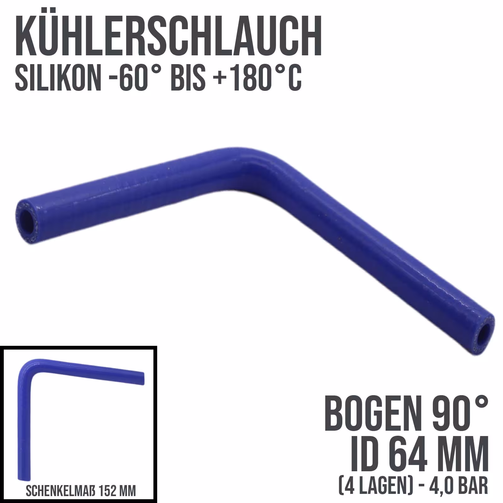 64 x 74 mm radiateurslang siliconen bocht 90° LLK inlaatlucht koelvloeistofslang universeel blauw (4,0 bar) - 152 mm, koelvloeistofslangen, art.nr. KSB064-090-152GA
