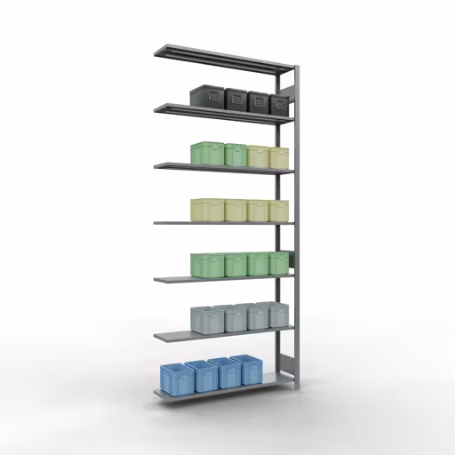 Aanbouwrekken, rekken, insteeksysteem MULTIplus150, 3000 x 1300 x 300 mm (HxBxD), 7 legborden, lengtestangen, verzinkt uit de categorie aanbouwrekken met de GTIN 4004514279835 Aanbouwrekken, rekken, insteeksysteem MULTIplus150, 3000 x 1300 x 300 mm, 7 legborden, lengtestangen, verzinkt van Schulte Lagertechnik uit het assortiment insteeksysteem