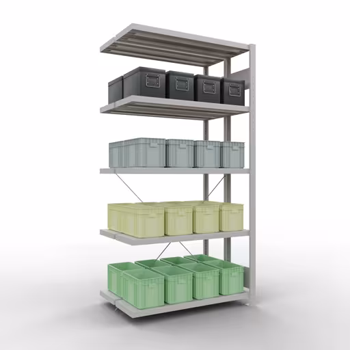 Aanbouwrekken, dubbele rekken, rekkensysteem MULTIplus250, 2000 x 1000 x (2x300) mm, 2x5 planken, kruisschoor, RAL 7035 lichtgrijs van Schulte Lagertechnik uit de categorie rekken