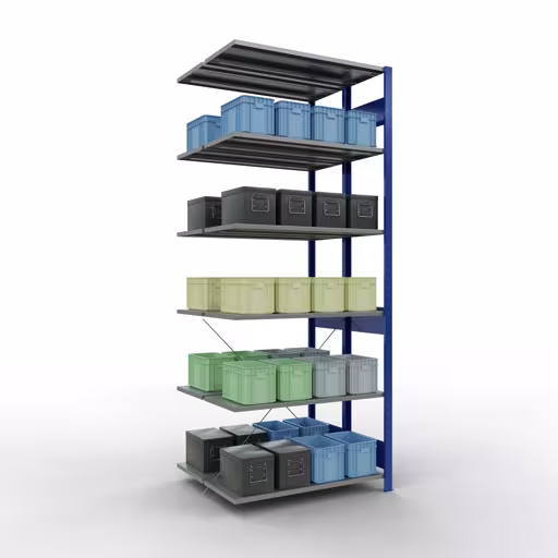 Extra afbeelding van het artikel Aanbouwplank, dubbele plank, stellingsysteem MULTIplus150, 2500 x 1000 x (2x400) mm (HxBxD), 2x6 planken, kruisschoor, RAL 5010 gentiaanblauw Extra afbeelding van het artikel aanbouwplank, dubbele plank, plankinsteeksysteem MULTIplus150, 2500 x 1000 x (2x400) mm, 2x6 planken, RAL 5010 gentiaanblauw uit dubbele planken