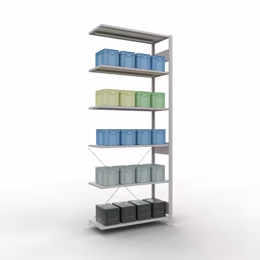 Productafbeelding nr. 13 van het artikel Aanbouwrekken, legbordstellingen, insteeksysteem MULTIplus150, 2500 x 1000 x 400 mm (HxBxD), 6 legborden, kruisschoor, RAL 7035 lichtgrijs Figuur nr. 13 van het artikel aanbouwrekken, legbordstellingen, insteeksysteem MULTIplus150, 2500 x 1000 x 400 mm, 6 legborden, kruisschoor, RAL 7035 lichtgrijs uit de insteeksysteem productgroep van Schulte Lagertechnik.