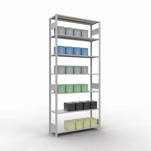 Extra afbeelding van het artikel Basisplank, legplank, insteeksysteem MULTIplus150, 3000 x 1300 x 400 mm, 7 legborden, lengtestangen, RAL 7035 lichtgrijs van basisplank