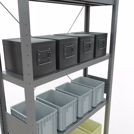 Productafbeelding nr. 13 van het artikel basisplank, legbord, insteeksysteem MULTIplus330, 3000 x 1000 x 300 mm (HxBxD), 7 legborden, kruisschoor, verzinkt Figuur nr. 13 van het artikel basisrek, legplank, insteeksysteem MULTIplus330, 3000 x 1000 x 300 mm, 7 legborden, kruisschoor, verzinkt uit de insteeksysteem productgroep van Schulte Lagertechnik.