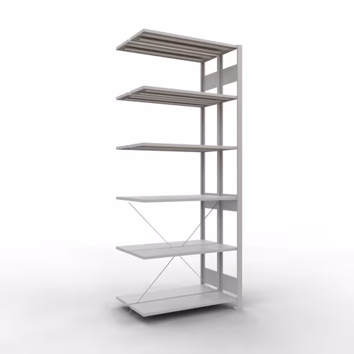 Figuur nr. 9 van het artikel aanbouwstelling, dubbele stelling, stellingstelling insteeksysteem MULTIplus150, 2500 x 1000 x (2x300) mm, 2x6 planken, kruisschoor, RAL 7035 lichtgrijs uit de stellingstelling productgroep van Schulte Lagertechnik.