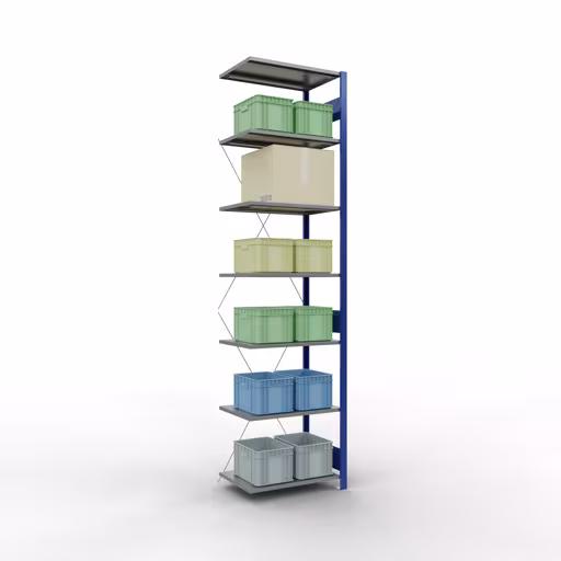 Aanbouwrekken, legbordstellingen, insteeksysteem MULTIplus150, 3000 x 750 x 500 mm, 7 legborden, kruisschoor, RAL 5010 gentiaanblauw/verzinkt/verzinkt met GTIN 4004514280770 Aanbouwrekken, legbord, insteeksysteem MULTIplus150, 3000 x 750 x 500 mm, 7 legborden, kruisschoor, RAL 5010 gentiaanblauw/verzinkt/verzinkt van Schulte Lagertechnik met artikelnr. 12757-75-B