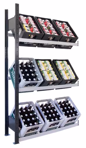 Aanbouwplank, krattenrek 1800 x 1000 x 300 mm (HxBxD), zwart/zilver, 3 niveaus voor 9 kratten van Schulte Lagertechnik Aanbouwplank, krattenrek 1800 x 1000 x 300 mm (HxBxD), zwart/zilver, 3 niveaus voor 9 kratten, drankenopslag, art.nr. 37007-S