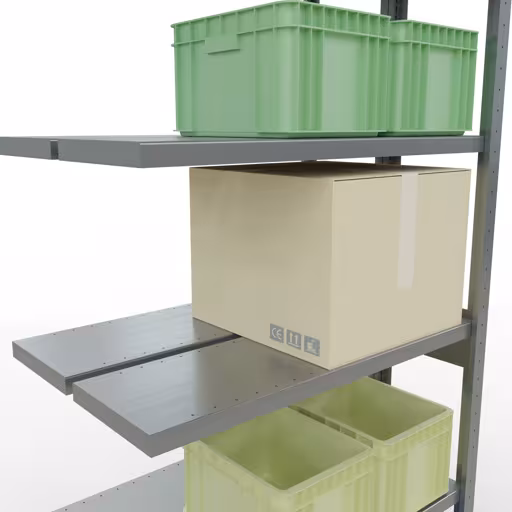 Extra afbeelding van het artikel Aanbouwplank, dubbele plank, legplank-insteeksysteem MULTIplus250, 2500 x 1000 x (2x300) mm, 2x6 legborden, lengtestangen, verzinkt uit dubbele legborden