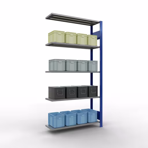Aanbouwrekken, legborden, insteeksysteem MULTIplus150, 2000 x 1000 x 300 mm (HxBxD), 5 legborden, lengtestangen, RAL 5010 gentiaanblauw/verzinkt met de GTIN 4004514279736 Aanbouwrekken, rekken, insteeksysteem MULTIplus150, 2000 x 1000 x 300 mm, 5 legborden, lengtestangen, RAL 5010 gentiaanblauw/verzinkt van Schulte Lagertechnik met artikelnr. 12735-LR-B
