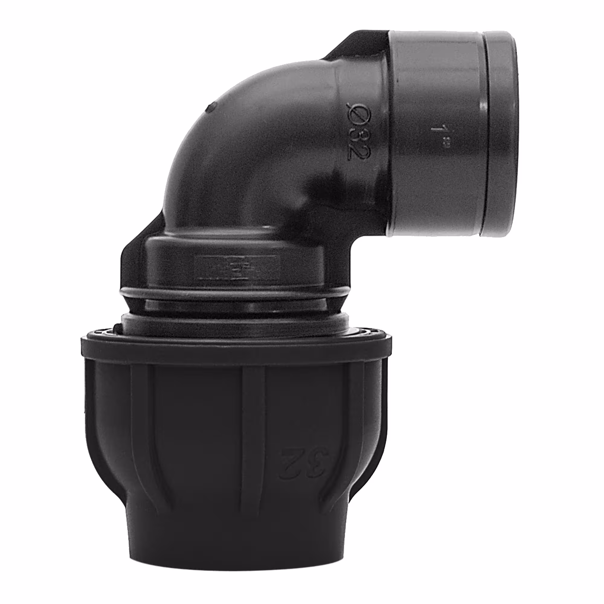 PE-schroefverbindingshoek Ø 32 mm x 1" ID van Gebo PE-hoek met overgang van PE-buis naar binnendraad, PE-buis kunststof fittingen, artikelnr. 13133203