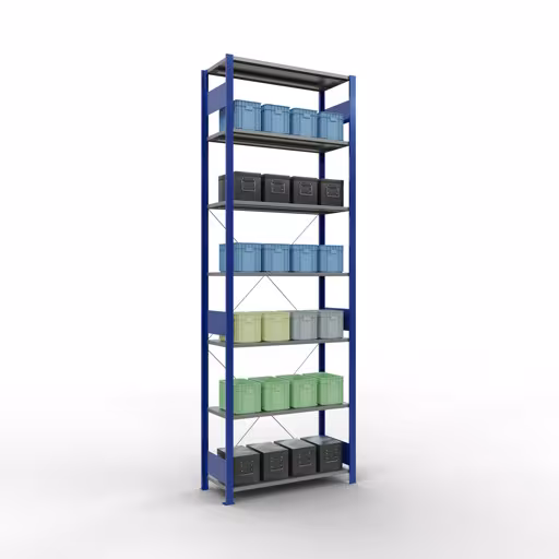 Productafbeelding nr. 13 van het artikel basisplank, legbord, insteeksysteem MULTIplus85, 3000 x 1000 x 400 mm (HxBxD), 7 legborden, kruisschoor, RAL 5010 gentiaanblauw Figuur nr. 13 van het artikel basisrek, legplank-insteeksysteem MULTIplus85, 3000 x 1000 x 400 mm, 7 legborden, RAL 5010 gentiaanblauw uit de productgroep insteeksysteem van het merk Schulte Lagertechnik.