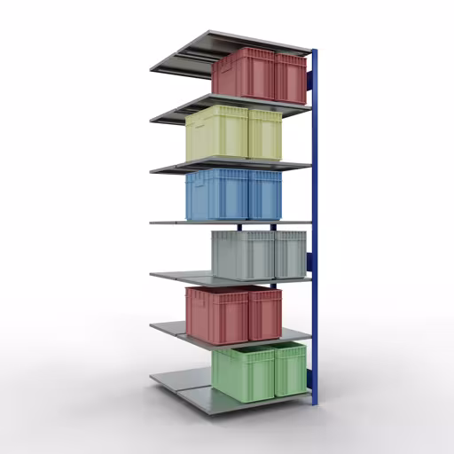 Aanbouwrekken, dubbele rekken, stellingsysteem MULTIplus150, 3000 x 1000 x (2x600) mm (HxBxD), 2x7 planken, lengtestangen, RAL 5010 gentiaanblauw met artikelnr. 33167-B Aanbouwrekken, dubbele rekken, rekkensysteem MULTIplus150, 3000 x 1000 x (2x600) mm, 2x7 planken, lengtestangen, RAL 5010 gentiaanblauw van Schulte Lagertechnik uit de categorie rekken