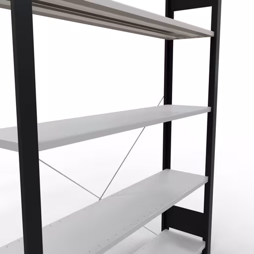 Productafbeelding nr. 13 van het artikel basisplank, kantoorplank, insteeksysteem MULTIplus85, 1800 x 1300 x 300 mm, 5 planken, kruisschoor, zonder aanslaglijst, zwart/lichtgrijs Figuur nr. 13 van het artikel basisplank, kantoorplank MULTIplus85 insteeksysteem, 1800 x 1300 x 300 mm, 5 planken, kruisschoor, zonder aanslaglijst, zwart/lichtgrijs uit de productgroep kantoorplanken van Schulte Lagertechnik.