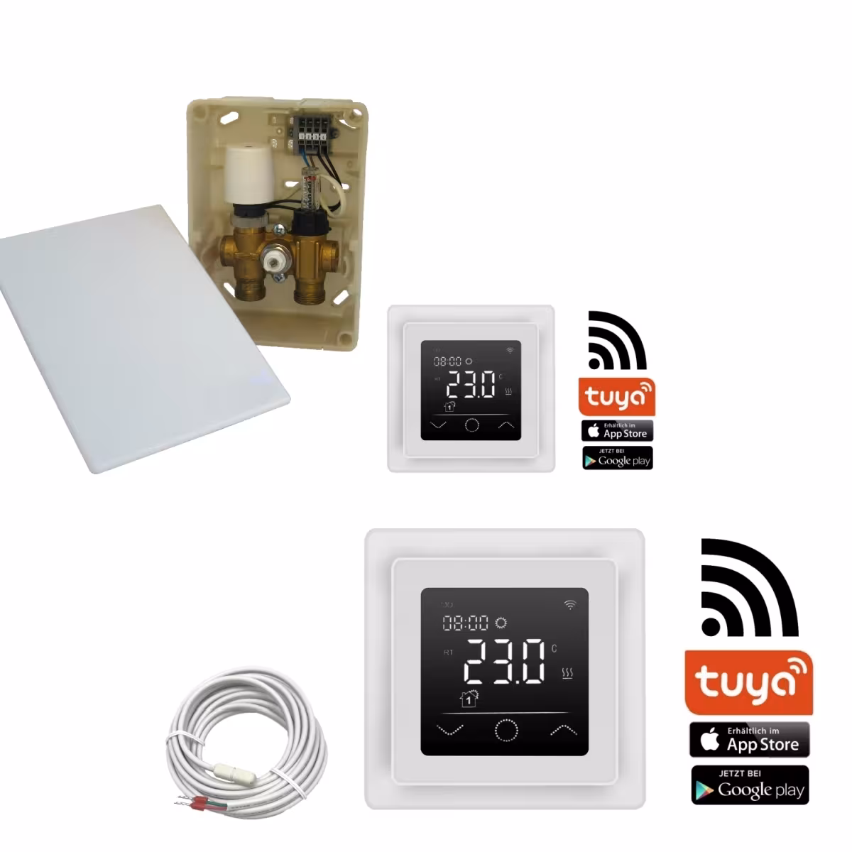 Duo Hybride Warmwater Elektrische Vloerverwarming | WLAN Touch-liniaalset (wit) van HoWaTech HoWaTech Duo Hybride warmwater elektrische vloerverwarming | WLAN Touch control set (wit), dunne laag vloerverwarming, art.nr. 902072