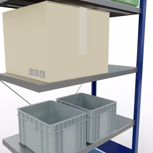 Productafbeelding nr. 14 van het artikel aanbouwrekken, stellingrekken, insteeksysteem MULTIplus250, 2000 x 1000 x 500 mm, 5 legborden, kruisschoor, RAL 5010 gentiaanblauw/verzinkt uit het insteeksysteem assortiment van het merk Schulte Lagertechnik
