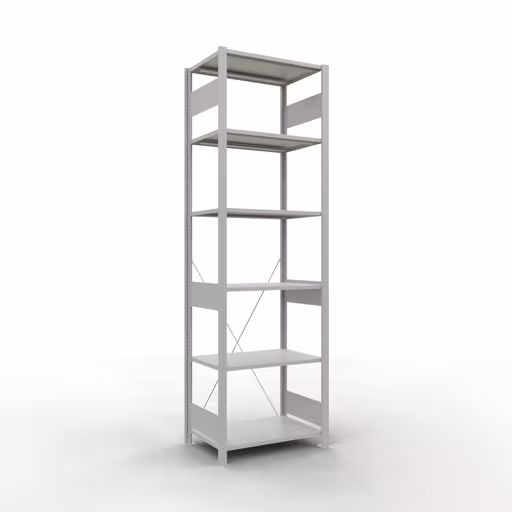 Basisplank, legbord, insteeksysteem MULTIplus150, 2500 x 750 x 500 mm (HxBxD), 6 legborden, kruisschoor, RAL 7035 lichtgrijs, basisplank, art.nr. 32651-75