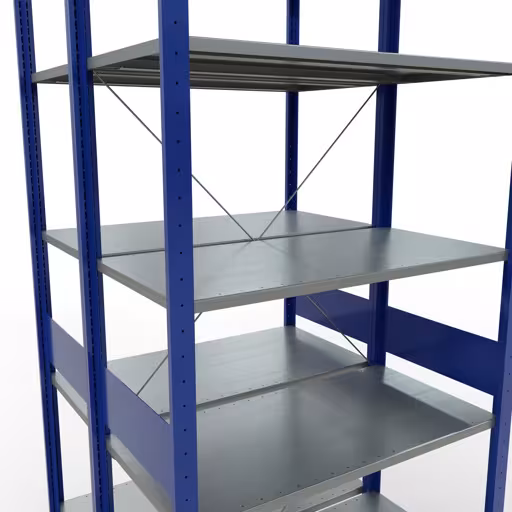 Basisplank, dubbele plank, legplank-insteeksysteem MULTIplus150, 3000 x 1000 x (2x1000) mm (HxBxD), 2x7 legborden, kruisschoor, RAL 5010 gentiaanblauw met artikelnr. 32752-B Basisplank, dubbele plank, rekkensysteem MULTIplus150, 3000 x 1000 x (2x1000) mm, 2x7 planken, kruisschoor, RAL 5010 gentiaanblauw van Schulte Lagertechnik uit de categorie rekken