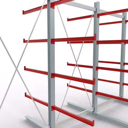 Productafbeelding nr. 10 van artikel K 6000 compleet legbord, dubbelzijdig, 3000 x 4500 x 2x 1000 mm, RAL 7001 / RAL 3000, 5 opslagniveaus Figuur nr. 10 van artikel K 6000 complete stelling, dubbelzijdig, 3000 x 4500 x 2x 1000 mm, RAL 7001 / RAL 3000, 5 opslagniveaus uit de productgroep draagarmstellingen van Schulte Lagertechnik.