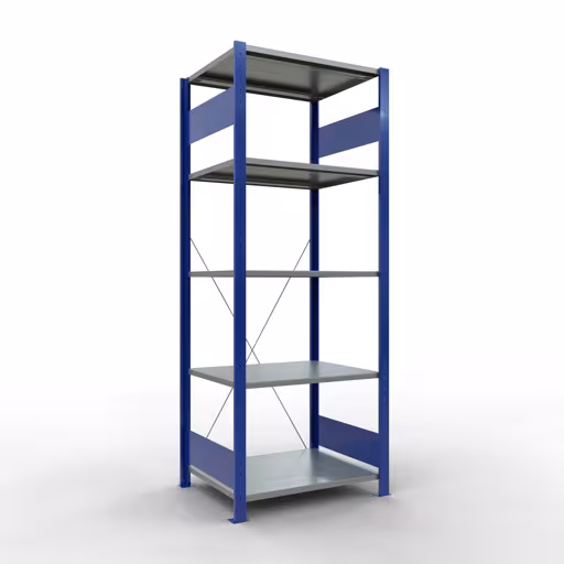 Basisplank, legplank, insteeksysteem MULTIplus150, 2000 x 750 x 600 mm (HxBxD), 5 legborden, kruisschoor, RAL 5010 gentiaanblauw/verzinkt/verzinkt, basisplank, art.nr. 12760-75-B