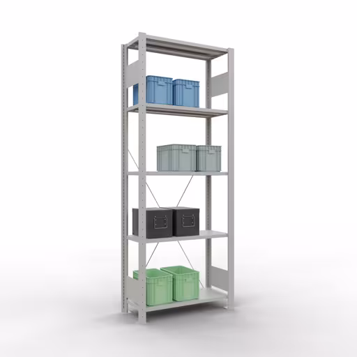 Basisplank, legbord, insteeksysteem MULTIplus150, 2000 x 750 x 300 mm, 5 planken, kruisschoor, RAL 7035 lichtgrijs van Schulte Lagertechnik uit de categorie insteeksysteem