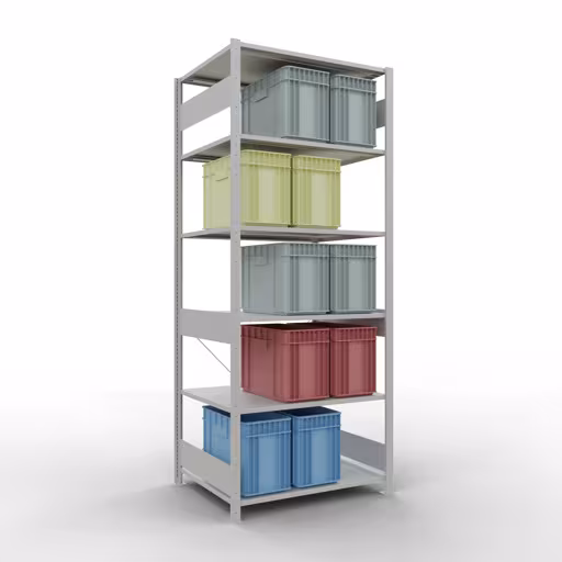 Basisplank, legplank, insteeksysteem MULTIplus150, 2500 x 1000 x 800 mm (HxBxD), 6 legborden, kruisschoor, RAL 7035 lichtgrijs uit de categorie basisplanken met de GTIN 4004514222589 Basisplank, legbord, insteeksysteem MULTIplus150, 2500 x 1000 x 800 mm, 6 planken, kruisschoor, RAL 7035 lichtgrijs van Schulte Lagertechnik uit het assortiment insteeksysteem