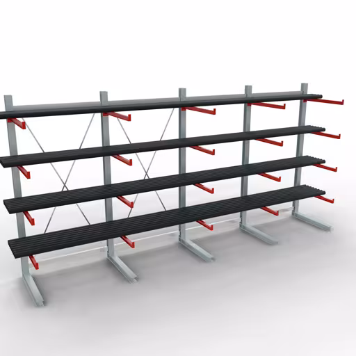 K 6000 compleet legbord, eenzijdig, 3000 x 6000 x 1000 mm, RAL 7001 / RAL 3000, 5 opslagniveaus uit de categorie K6000 voor zware goederen met GTIN 4058255011193 K 6000 compleet legbord, eenzijdig, 3000 x 6000 x 1000 mm, RAL 7001 / RAL 3000, 5 opslagniveaus van Schulte Lagertechnik uit het assortiment draagarmstellingen