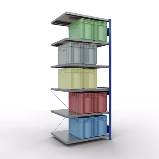 Aanbouwrekken, legbordstellingen, insteeksysteem MULTIplus250, 2500 x 1000 x 800 mm, 6 legborden, kruisschoor, RAL 5010 gentiaanblauw/verzinkt van het merk Schulte Lagertechnik uit het assortiment insteeksysteem