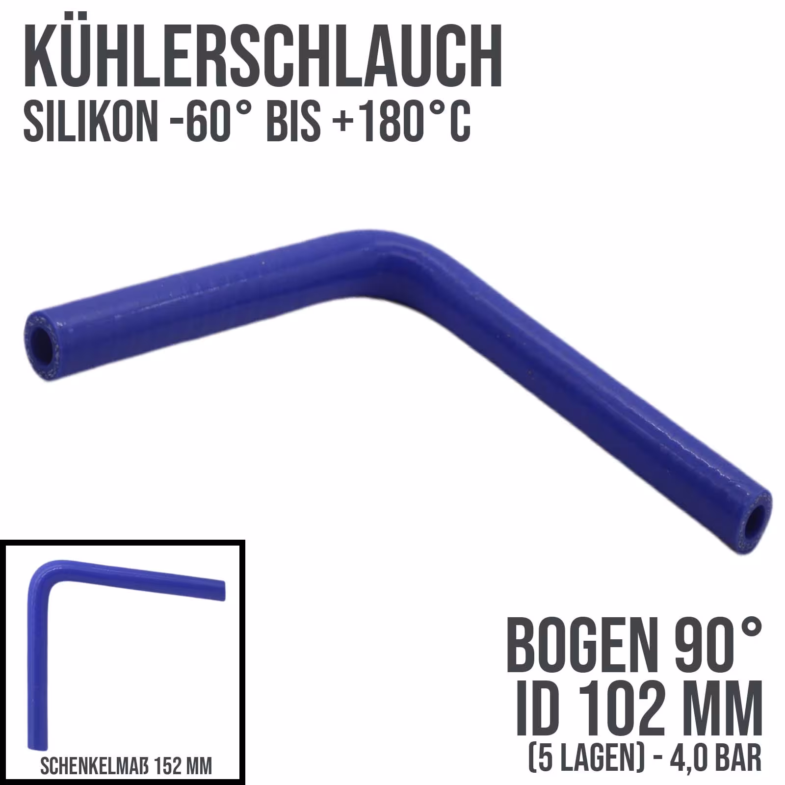 102 x 112 mm radiateurslang siliconen bocht 90° LLK inlaatlucht koelvloeistofslang universeel blauw (4,0 bar) - 152mm uit de categorie koelvloeistofslangen met het artikelnummer KSB102-090-152GA