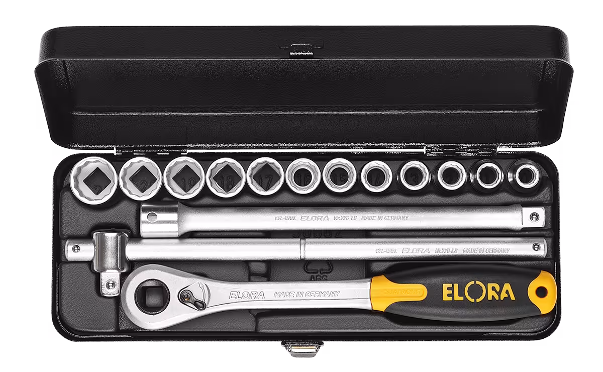 Dopsleutelset 1/2", zeskant, 14-delig 7/16"-1" AF 771-LKAK van ELORA Dopsleutelset 1/2", ELORA-770/771-LK.. uit de categorie dopsleutelassortiment 1/2" met artikelnr. 0771530342900