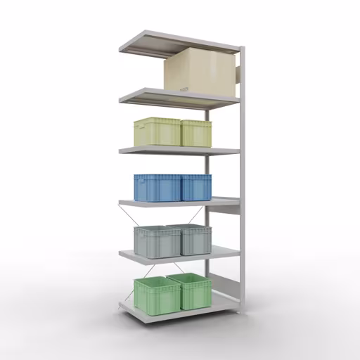 Figuur nr. 12 van het artikel aanbouwrekken, legbordstellingen, insteeksysteem MULTIplus330, 2500 x 1000 x 600 mm, 6 legborden, kruisschoor, RAL 7035 lichtgrijs uit de insteeksysteem productgroep van Schulte Lagertechnik.