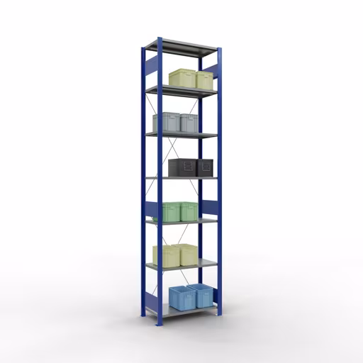 Basisplank, legplank, insteeksysteem MULTIplus150, 3000 x 750 x 400 mm (HxBxD), 7 legborden, kruisschoor, RAL 5010 gentiaanblauw/verzinkt/verzinkt uit de categorie basisplanken met de GTIN 4058255010899 Basisplank, legbord, insteeksysteem MULTIplus150, 3000 x 750 x 400 mm, 7 legborden, kruisschoor, RAL 5010 gentiaanblauw/verzinkt/verzinkt van Schulte Lagertechnik uit het plug-in systeem-assortiment