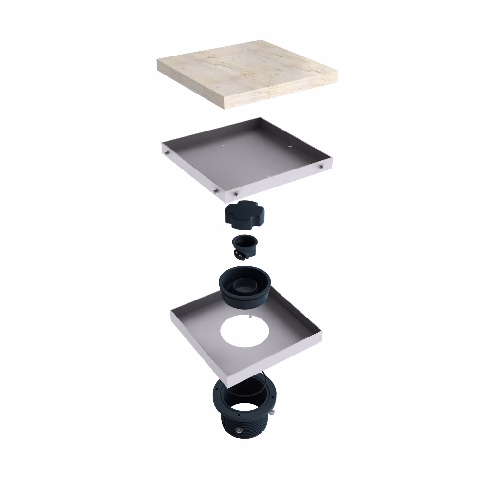 MERT afvoerdeksel 20x20cm vloerafvoer design "TILES" van het merk Mert MERT vloerafvoerput design "TILES" 300x300mm, gemaakt van hoogwaardig roestvrij staal uit de categorie vloerafvoerputten met artikelnummer DU-20-TILES100