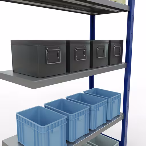 Extra afbeelding van het artikel Aanbouwplank, legplank, insteeksysteem MULTIplus330, 2000 x 1000 x 400 mm, 5 legborden, lengtebalk, RAL 5010 gentiaanblauw/verzinkt vanaf opzetplank