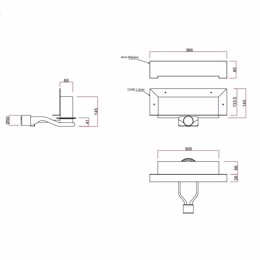 MERT wandgemonteerde doucheafvoer OPT 386mm massief roestvrij staal, geborsteld