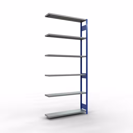 Aanbouwrekken, rekken, insteeksysteem MULTIplus250, 3000 x 1300 x 300 mm (HxBxD), 7 legborden, lengtebalk, RAL 5010 gentiaanblauw/verzinkt, aanbouwplank, art.nr. 12937-130-LR-B